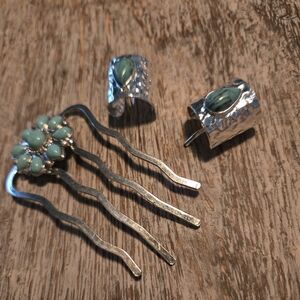 3 Pc - Comb And 2 Braid Cuffs - Silver Hair Accessories with Turquoise Accents